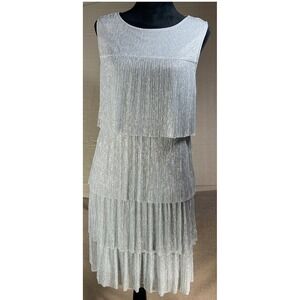 Prelude Women Silver Metallic Tiered Fringed Sleeveless Midi Dress Size L